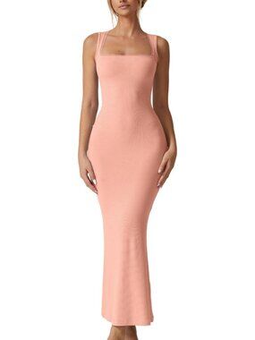 Chic Square Neck Lace Detail Maxi Dress - Sleeveless Ribbed Long Lounge Dress